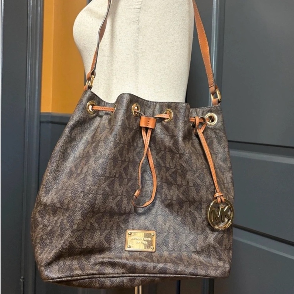 Michael Kors Brown Monogram Drawstring Shoulder Bag with Tan Leather Trim